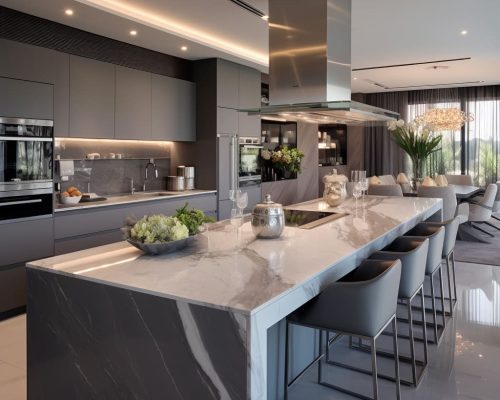 The-contemporary-island-in-this-kitchen-surrounded-by-stylish-bar-stools-adds-flair-to-the-home